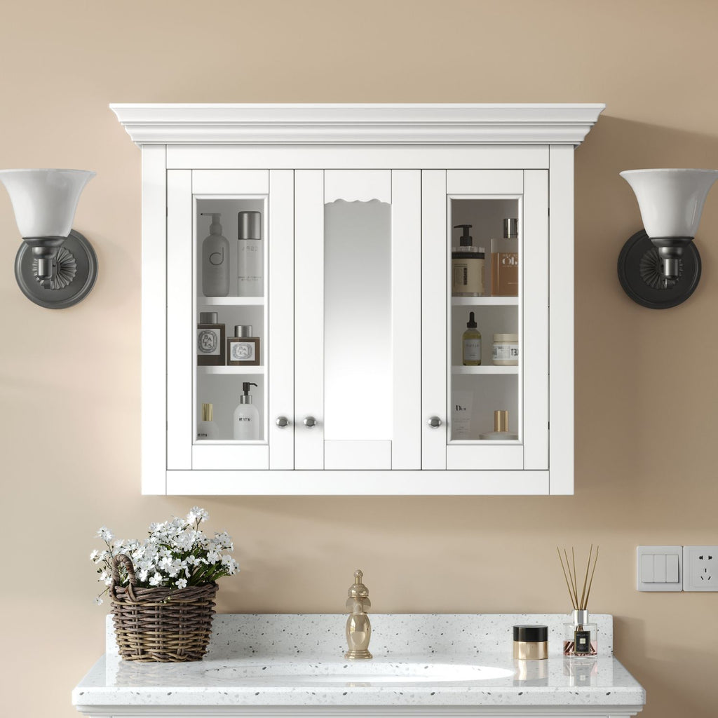 35" Bathroom Medicine Cabinet with Mirror, 5 Closed & Adjustable Shelves, Bathroom Wall Mounted Storage Cabinet with Glass Doors