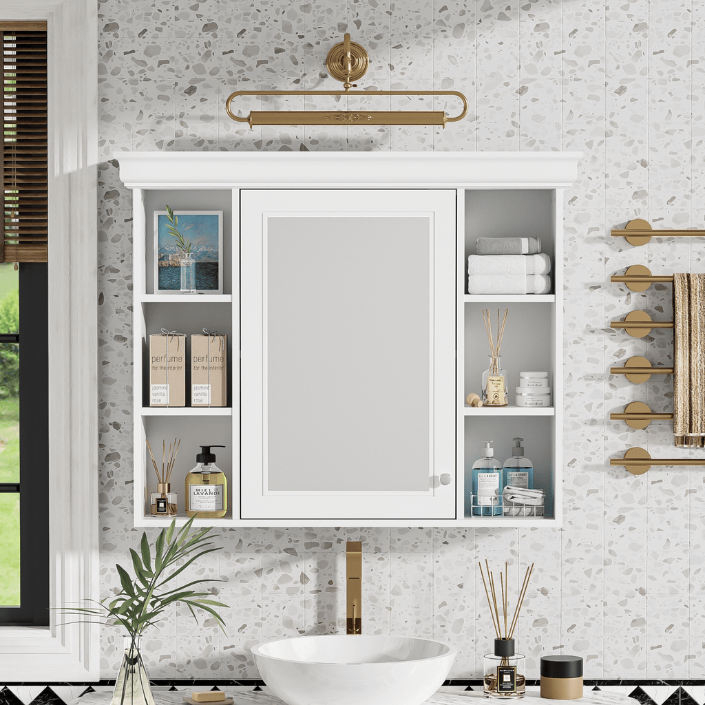 35'' x 28'' White Wall Mounted Bathroom Storage Cabinet with Mirror Door, Modern Bathroom Wall Cabinet with Mirror, Medicine Cabinet with 6 Open Shelves