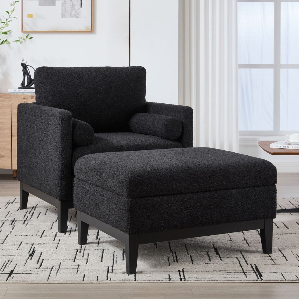 35.4 "Wide Farmhouse Performance Upholstered Wood Base Square Accent Arm Chair with Ottoman Black Finish Legs with Reversible Lid Coffee Table for Living Room Office and Lounge,Black Boucle