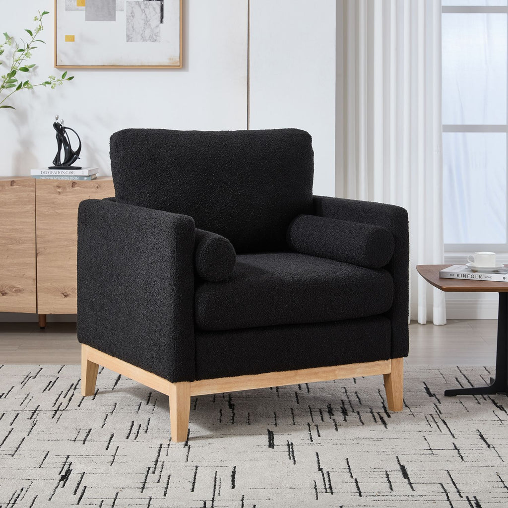 35.4 "Wide Modern Farmhouse Performance Accent Chair with Natural Wood Legs, Wood Base Reading Armchair Single Sofa with Two Bolster Pillows for Living Room offices and Lounge, Black Boucle.