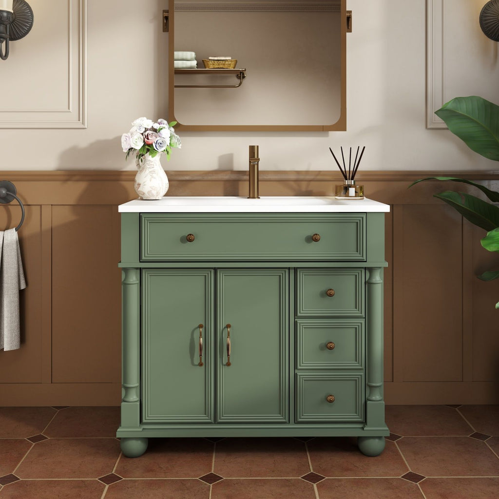 35.6" Mid-Century Bathroom Vanity Sink with Roman Column Base, Farmhouse Freestanding Bathroom Vanity Sink with Storage, High-end Restroom Vanity Cabinet with Metal Handles & Solid Wood Frame, Green