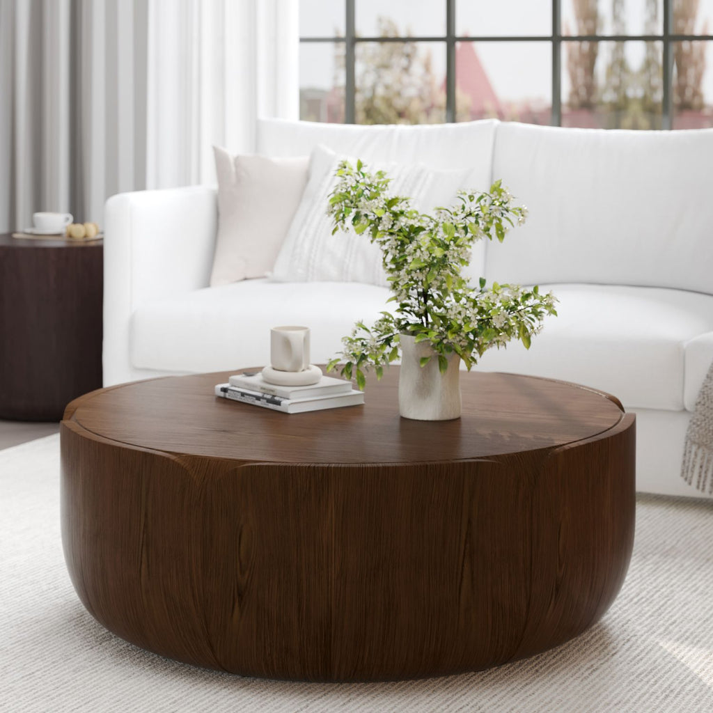 35.63" Round Outdoor Indoor Coffee Table, Modern Wood Grain Drum Center Table, Sturdy MGO (Magnesium Oxide) Waterproof, No-Assembly Table for Patio, Garden, Backyard, Living Room (Brown)