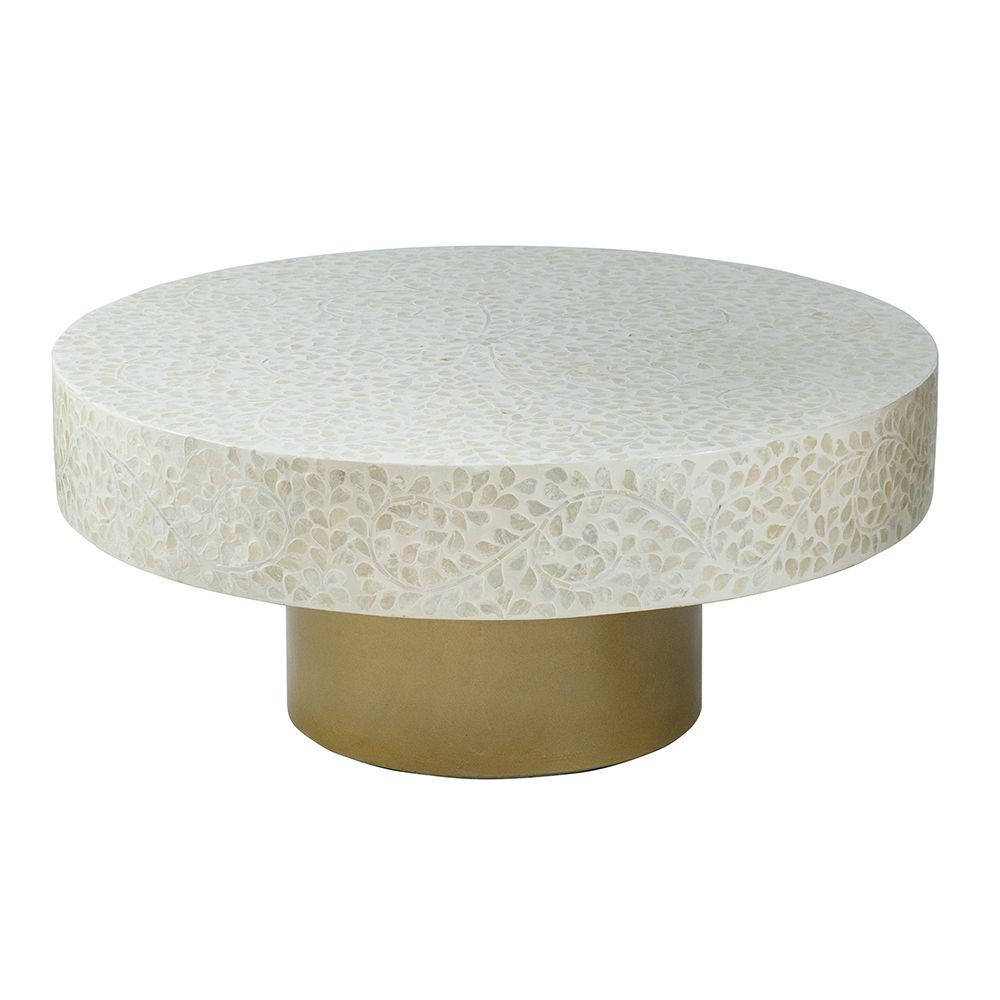 35x35x16" Unique Cream Capiz Coffee Table with Gold Pedestal Base