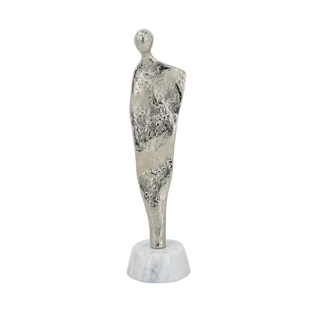3.5x3x12" Abstract Aluminum Human Figurine on Marble Stand, Silver/White