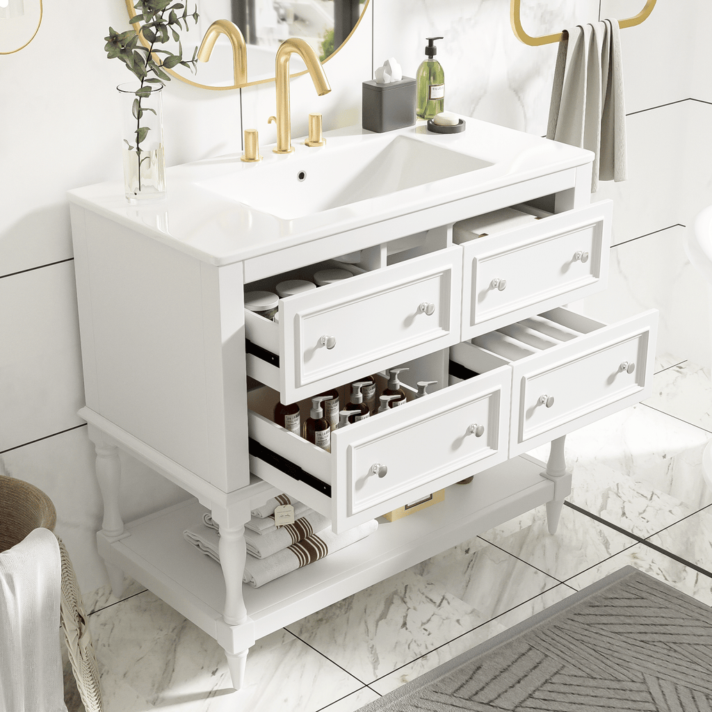 36" Bathroom Vanity Cabinet with Sink Combo Set, Undermount Ceramic Sink, Free Standing Vanity Set with 4 Drawers, Solid Wood Frame Bathroom Cabinet, White