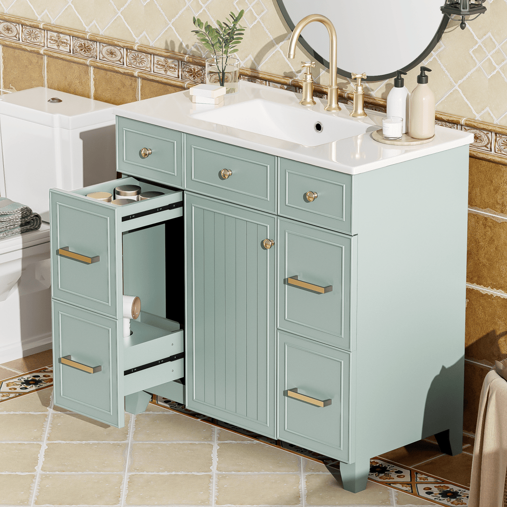 36" Bathroom Vanity with Ceramic Sink, Green, Solid Wood Frame, Soft Close Doors, Adjustable Shelves, 3 Drawers (Including Double-Depth Drawer for Hairdryer Storage)