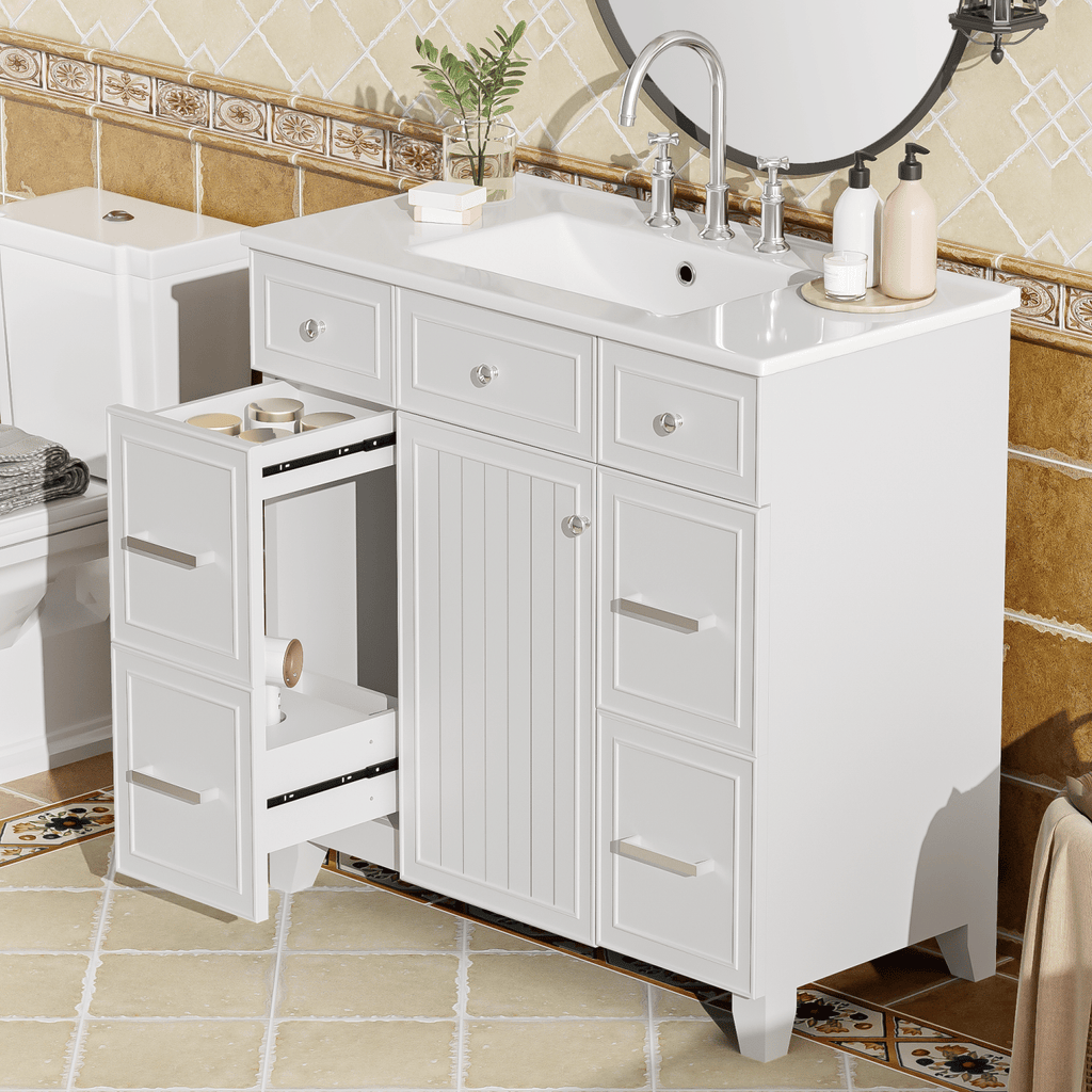 36" Bathroom Vanity with Ceramic Sink, White, Solid Wood Frame, Soft Close Doors, Adjustable Shelves, 3 Drawers ,Including Double-Depth Drawer for Hairdryer Storage(Old sku:SV000003AAW-2)