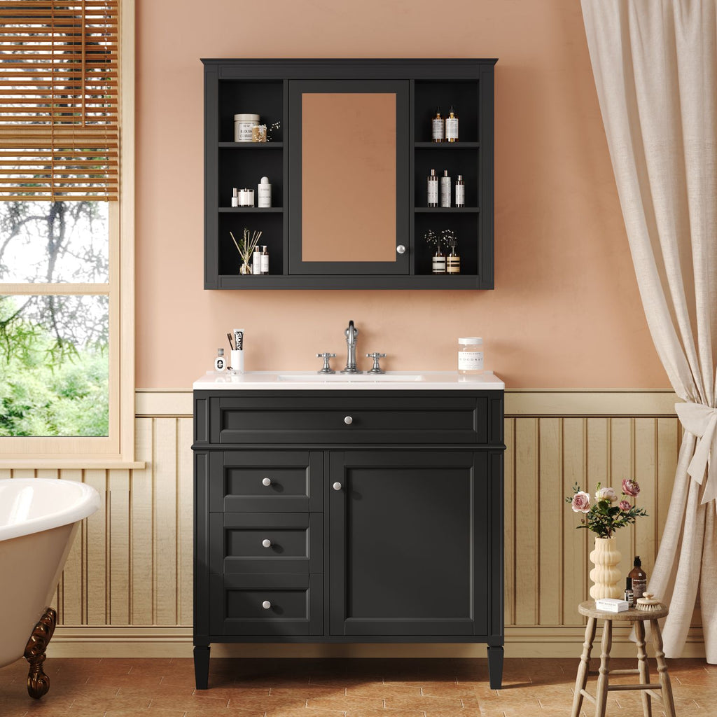 36'' Bathroom Vanity with Medicine Cabinet, Modern Bathroom Storage Cabinet with 2 Soft Closing Doors and 4 Drawers, Single Sink Bathroom Vanity
