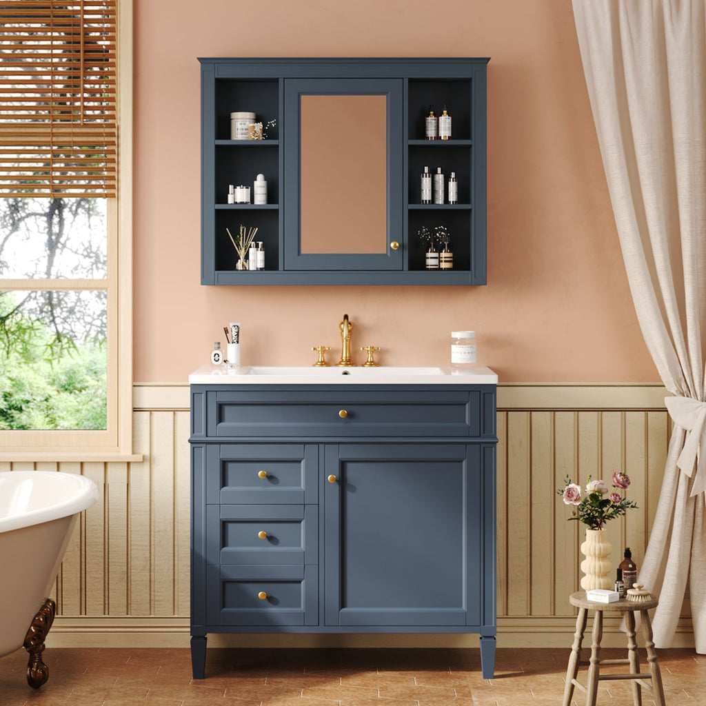 36'' Bathroom Vanity with Medicine Cabinet, Modern Bathroom Storage Cabinet with 2 Soft Closing Doors and 4 Drawers, Single Sink Bathroom Vanity