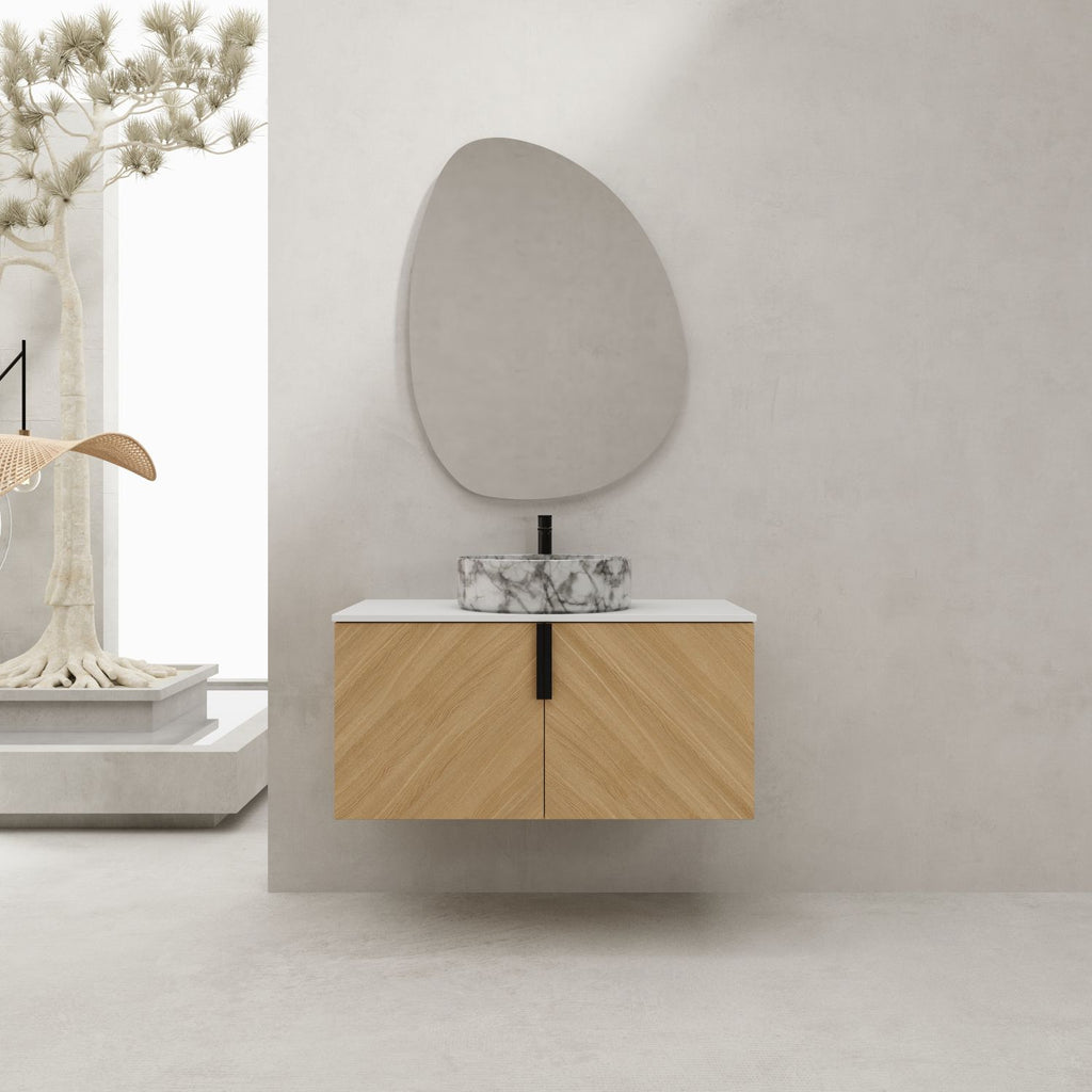 36" Bathroom Vanity With Top Ceramic Art Sink and Artificial Stone Slab, 2-Soft Close Door, Wall-Mounted Mounting Design, Plywood (KD-Packing)