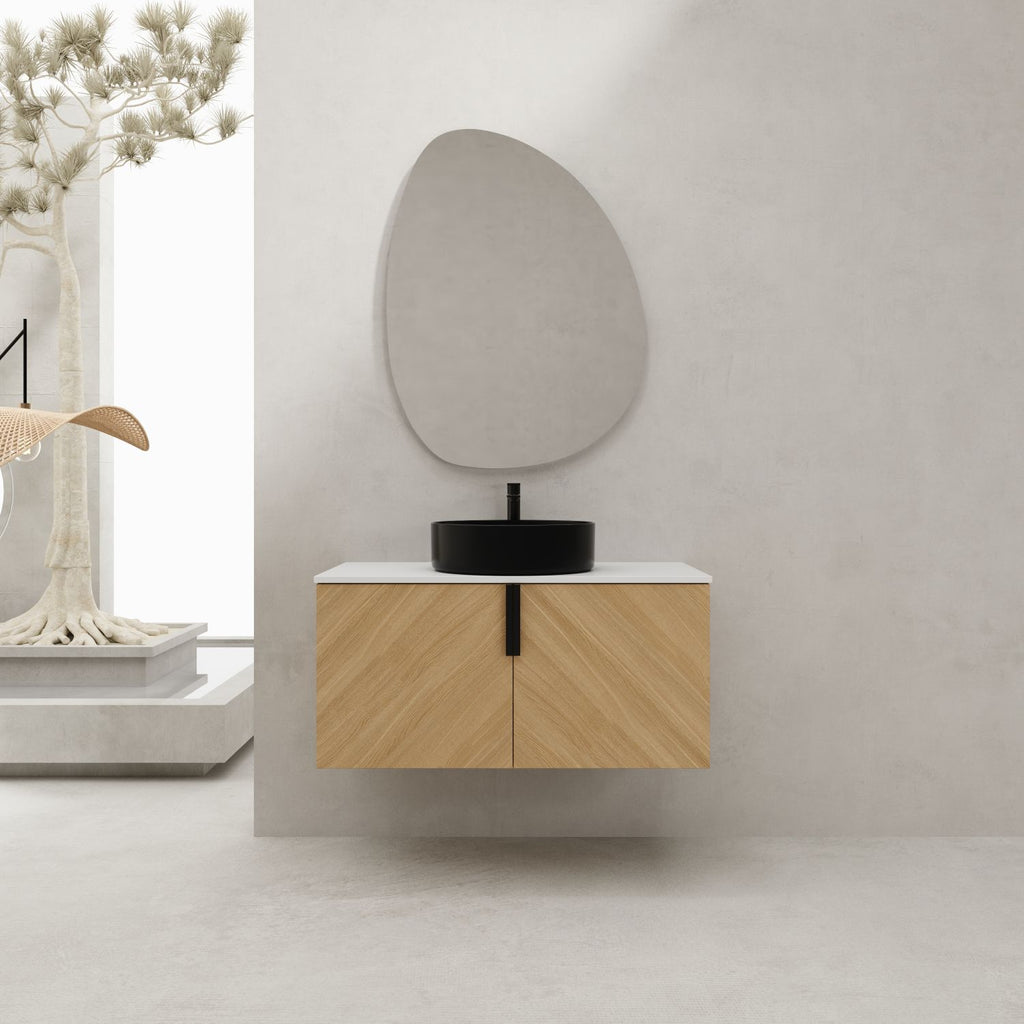 36" Bathroom Vanity With Top Ceramic Art Sink and Artificial Stone Slab, 2-Soft Close Door, Wall-Mounted Mounting Design, Plywood (KD-Packing)