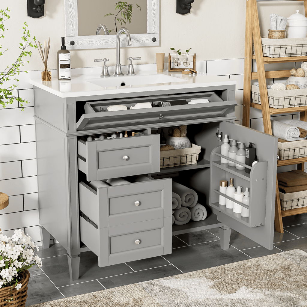 36'' Bathroom Vanity with Top Sink, Modern Bathroom Storage Cabinet with 2 Drawers and a Tip-out Drawer, Single Sink Bathroom Vanity
