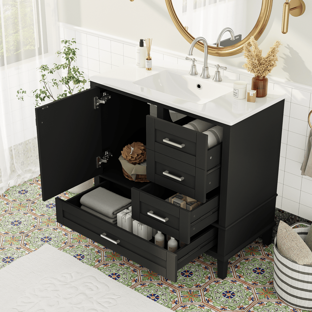 36" Black Bathroom Vanity with Solid Pine Frame, 1 Soft Close Door and 3 Drawers , Modern Storage Cabinet