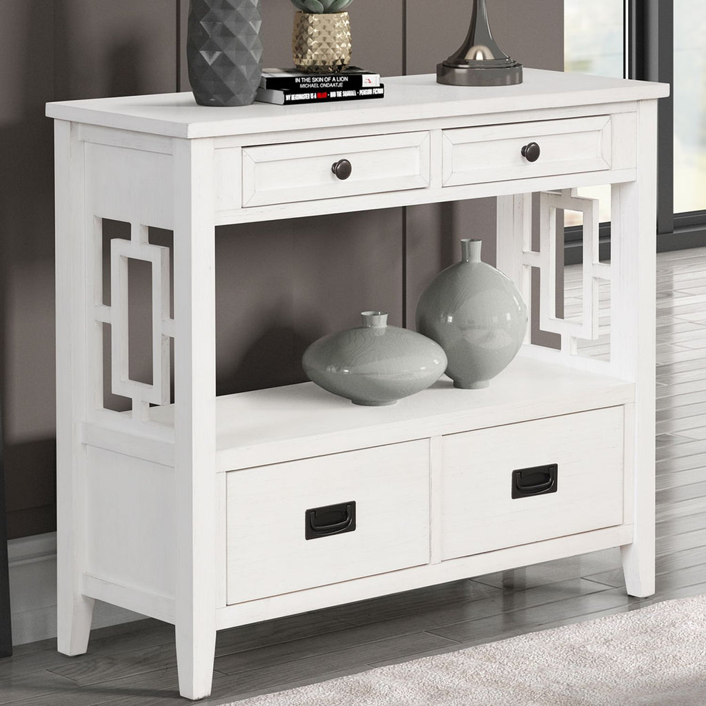 36'' Farmhouse Pine Wood Console Table Entry Sofa Table with 4 Drawers & 1 Storage Shelf for Entryway Living Room Bedroom Hallway Kitchen (Antique White)