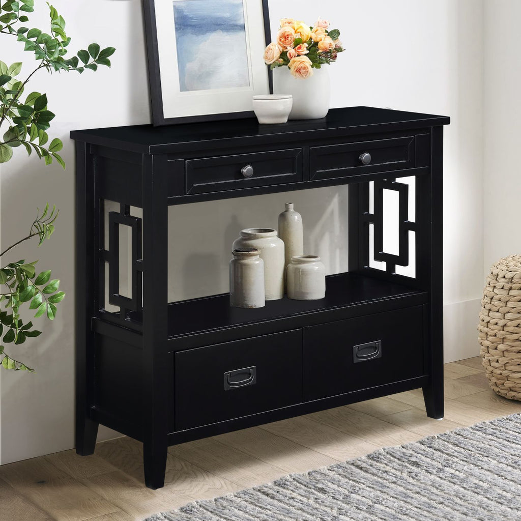 36'' Farmhouse Pine Wood Console Table Entry Sofa Table with 4 Drawers & 1 Storage Shelf for Entryway Living Room Bedroom Hallway Kitchen (Black)