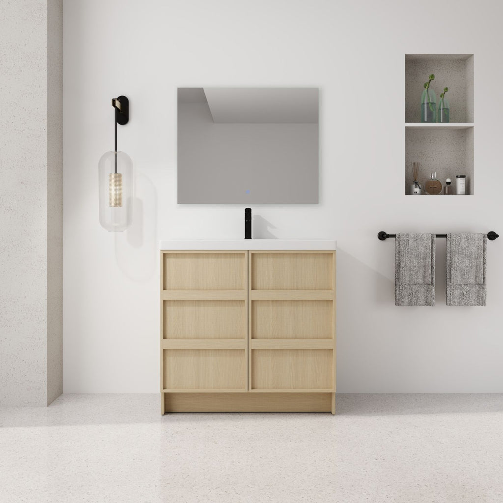 36" Freestanding Bathroom Vanity With Resin Sink & 2 Soft-Close Cabinet Doors, Plywood, Dune Oak (KD-PACKING)