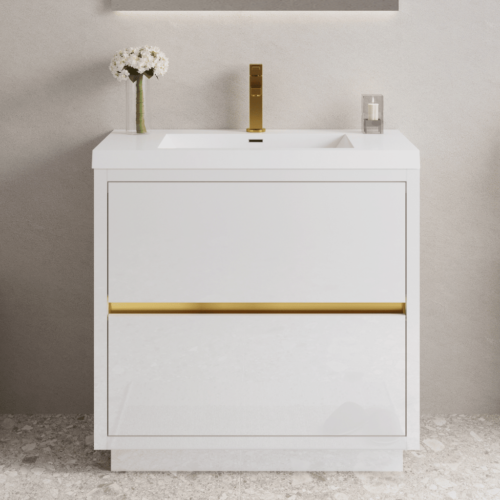 36" Freestanding Bathroom Vanity with Sink, Bathroom Storage Vanity Cabinet with Stone Resin Countertop and Soft Close Drawers, Glossy White 24V14-36GW