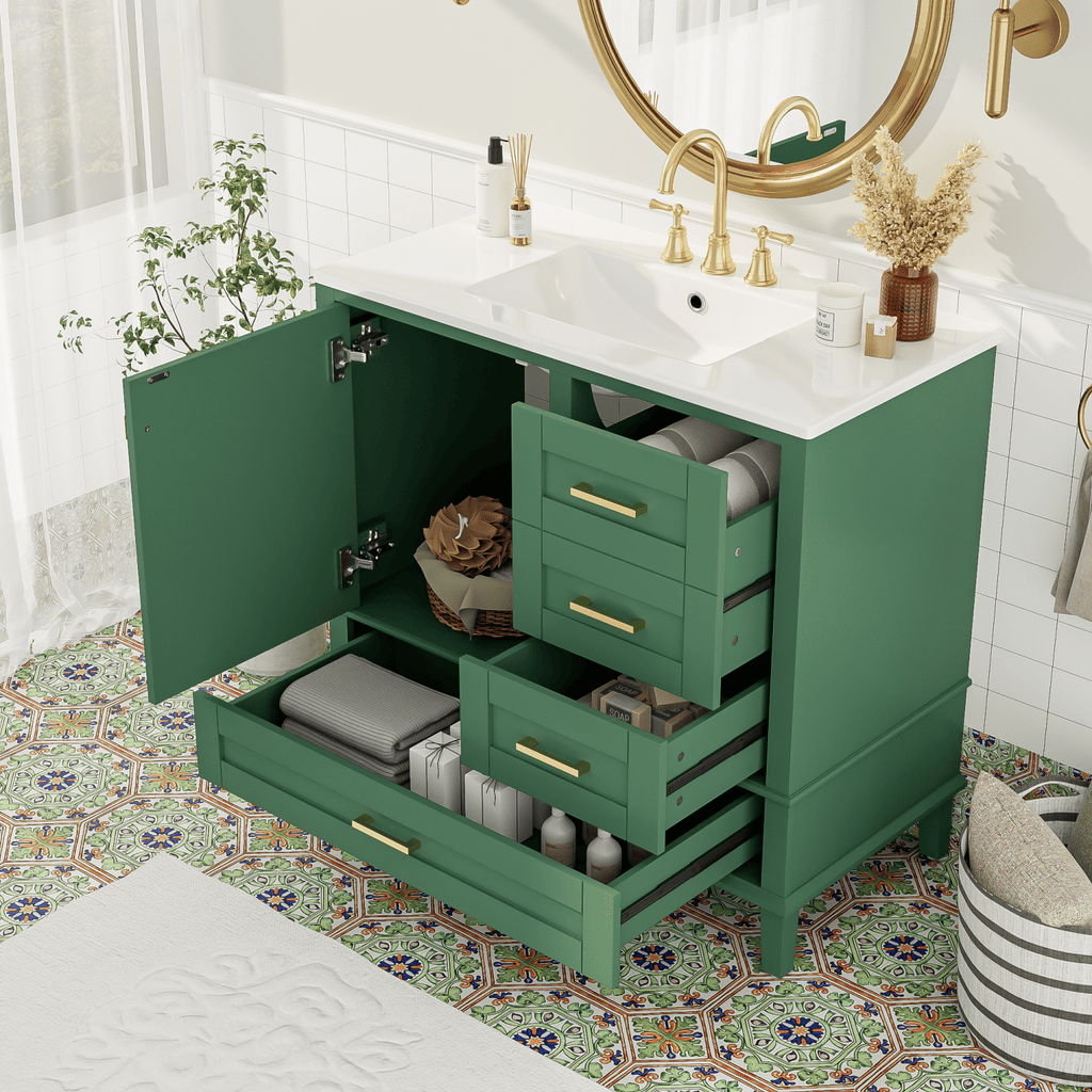 36" Green Bathroom Vanity with Solid Pine Frame, 1 Soft Close Door and 3 Drawers , Modern Storage Cabinet (The Same Series as WF321698)