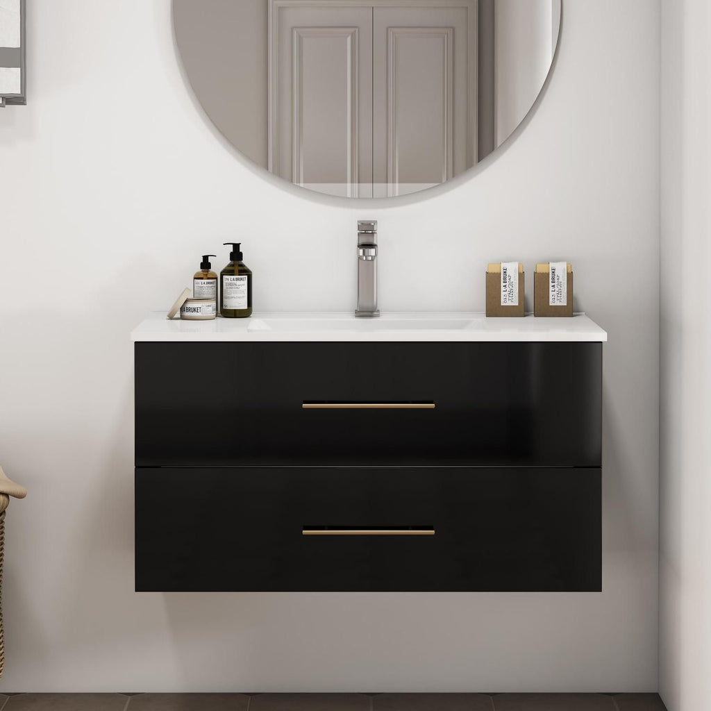 36-Inch Black Gloss Wall-Mounted Bathroom Vanity with Sink Combo,Double Drawers,Ceramic Sink, Long Gold Metal Handle,Easy Installation,Glossy Black