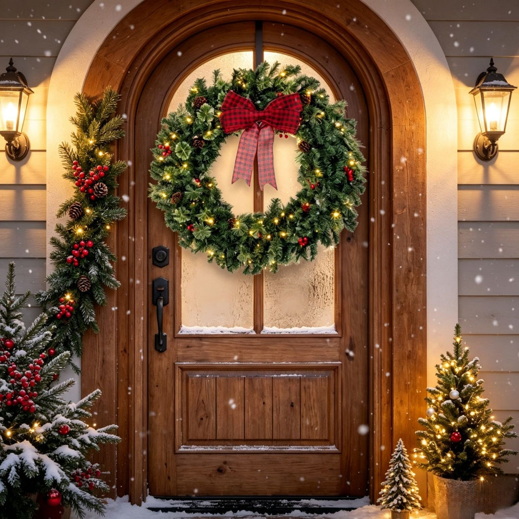 36 Inch Prelit Crestwood Spruce Christmas Wreath with Bow, 8 Light Modes, Red Berries and Pinecones