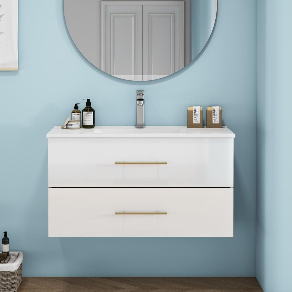 36-Inch White Gloss Wall-Mounted Bathroom Vanity with Sink Combo,Double Drawers,Ceramic Sink, Long Gold Metal Handle,Easy Installation,Glossy White
