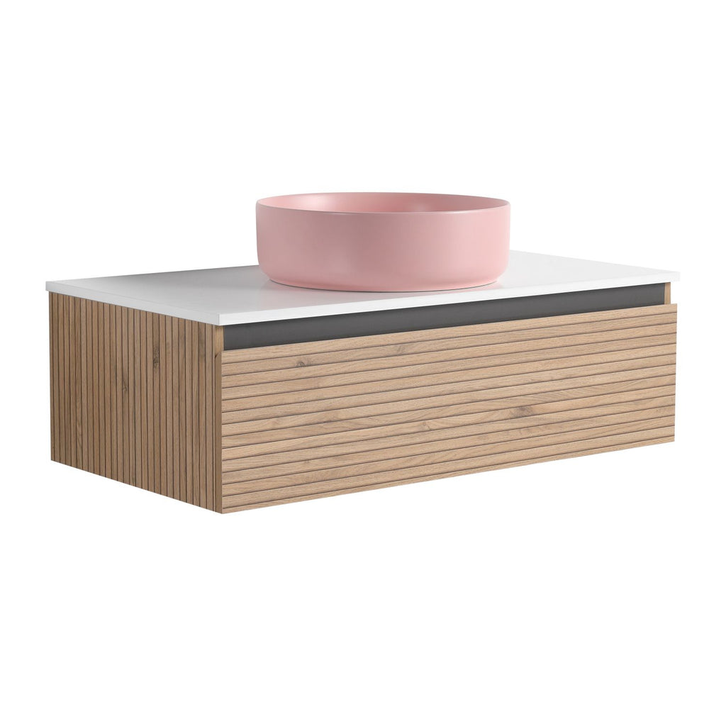 36'' Wall-Mounted Bathroom Vanity with Pink Art Ceramic Sink & 1-Soft-Close Drawer, Plywood (KD-Packing)