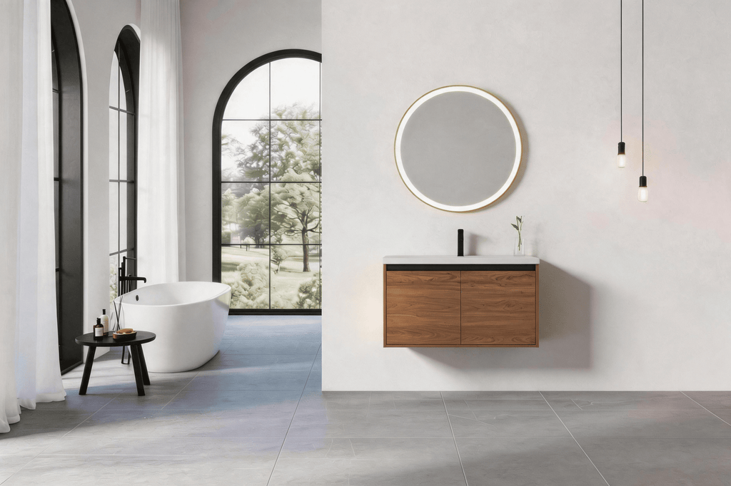 36" Wall Mounted Bathroom Vanity with Resin Basin, Natural Brown Finish, Double Door Plywood Cabinet, Modern Floating Vanity Set, KD Assembly, Single Package