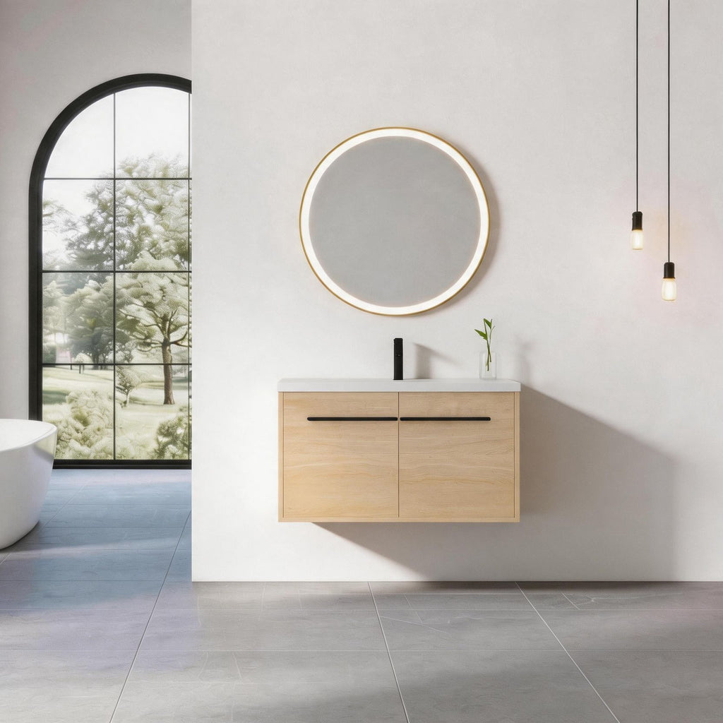 36" Wall Mounted Bathroom Vanity with Resin Basin, Natural Oak Finish, Double Door Plywood Cabinet, Modern Floating Vanity Set, KD Assembly, Single Package