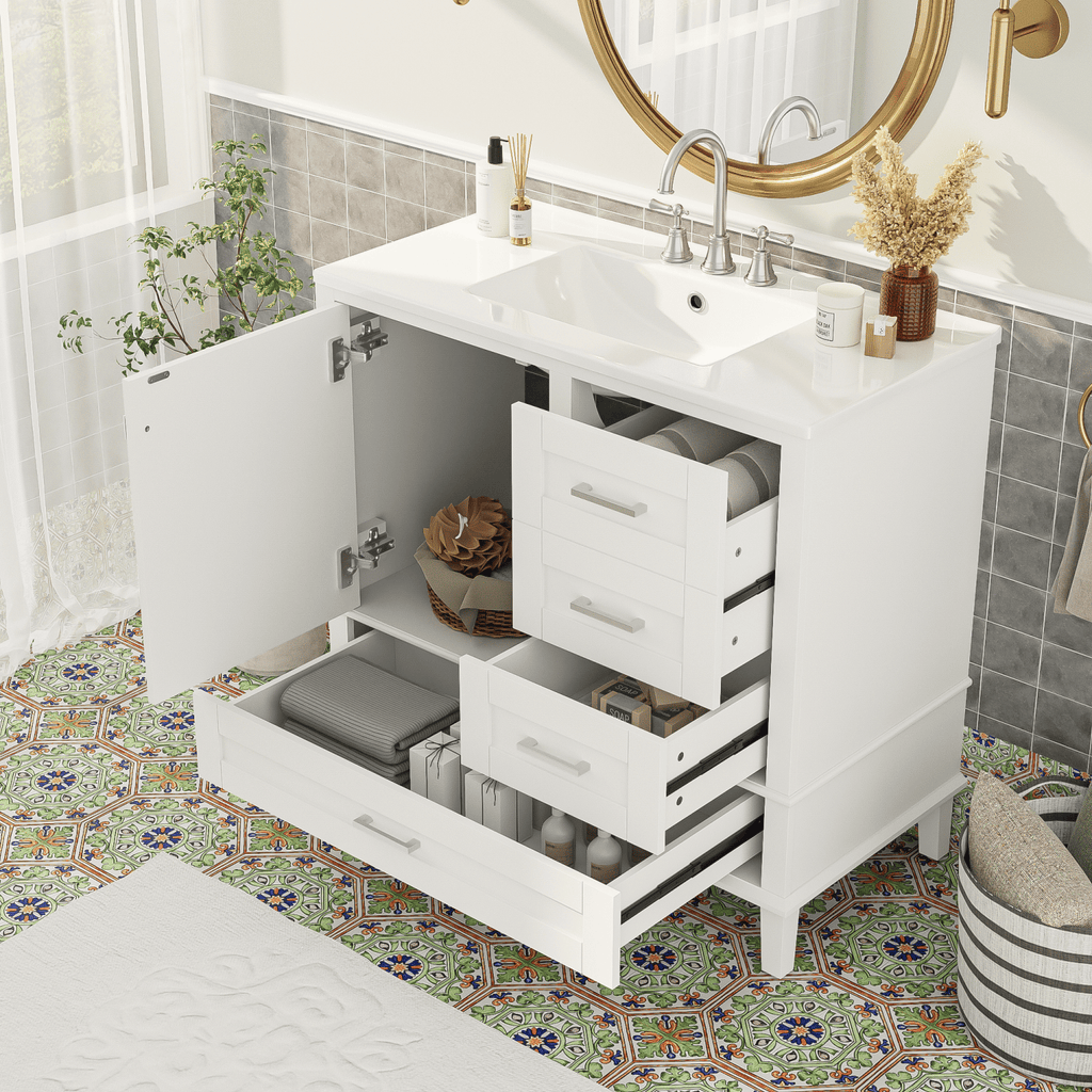 36" White Bathroom Vanity with Solid Pine Frame, 1 Soft Close Door and 3 Drawers , Modern Storage Cabinet (The Same Series as WF321698)
