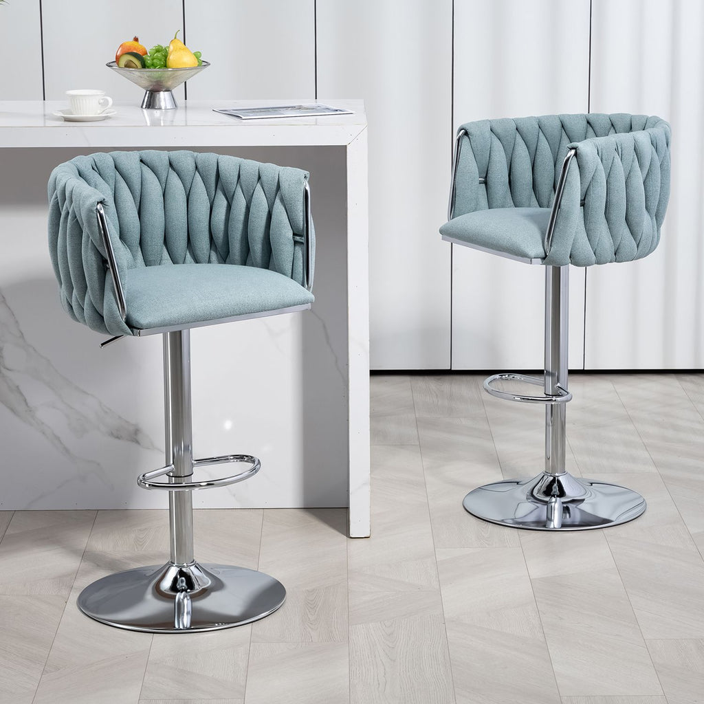 360° Fabric cover Swivel Bar Stools Set of 2, Adjustable Counter Height Bar Chairs with Woven Back & Footrest, Silver chromed Bar Stools for Kitchen Island, Cafe, Pub (BLUE)