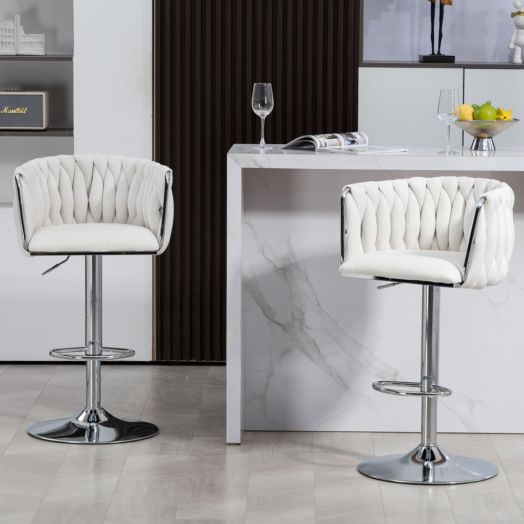 360° Fabric cover Swivel Bar Stools Set of 2, Adjustable Counter Height Bar Chairs with Woven Back & Footrest,Silver chromed Bar Stools for Kitchen Island, Cafe, Pub (Beige)