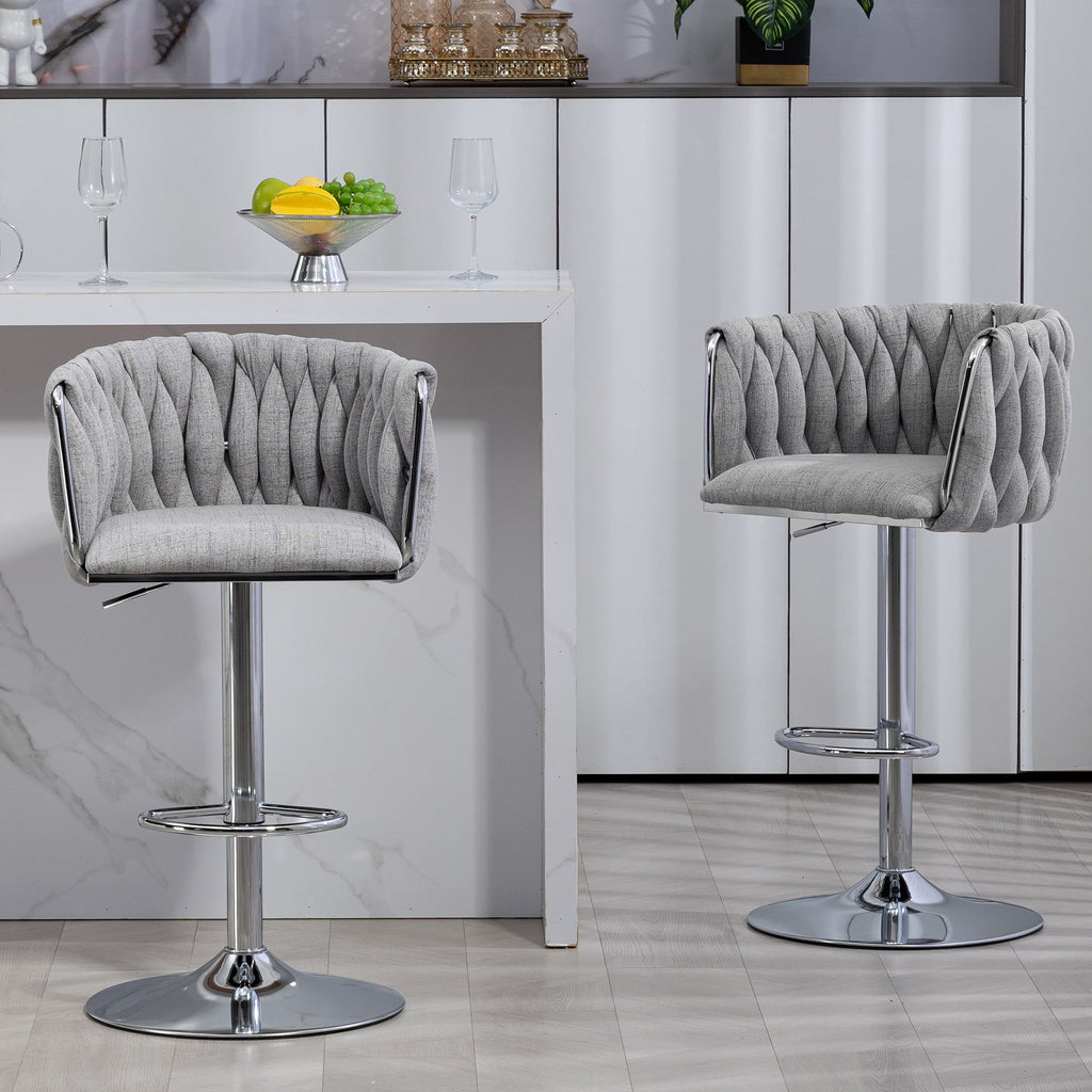 360° Fabric cover Swivel Bar Stools Set of 2, Adjustable Counter Height Bar Chairs with Woven Back & Footrest,Silver chromed Bar Stools for Kitchen Island, Cafe, Pub (Gray)