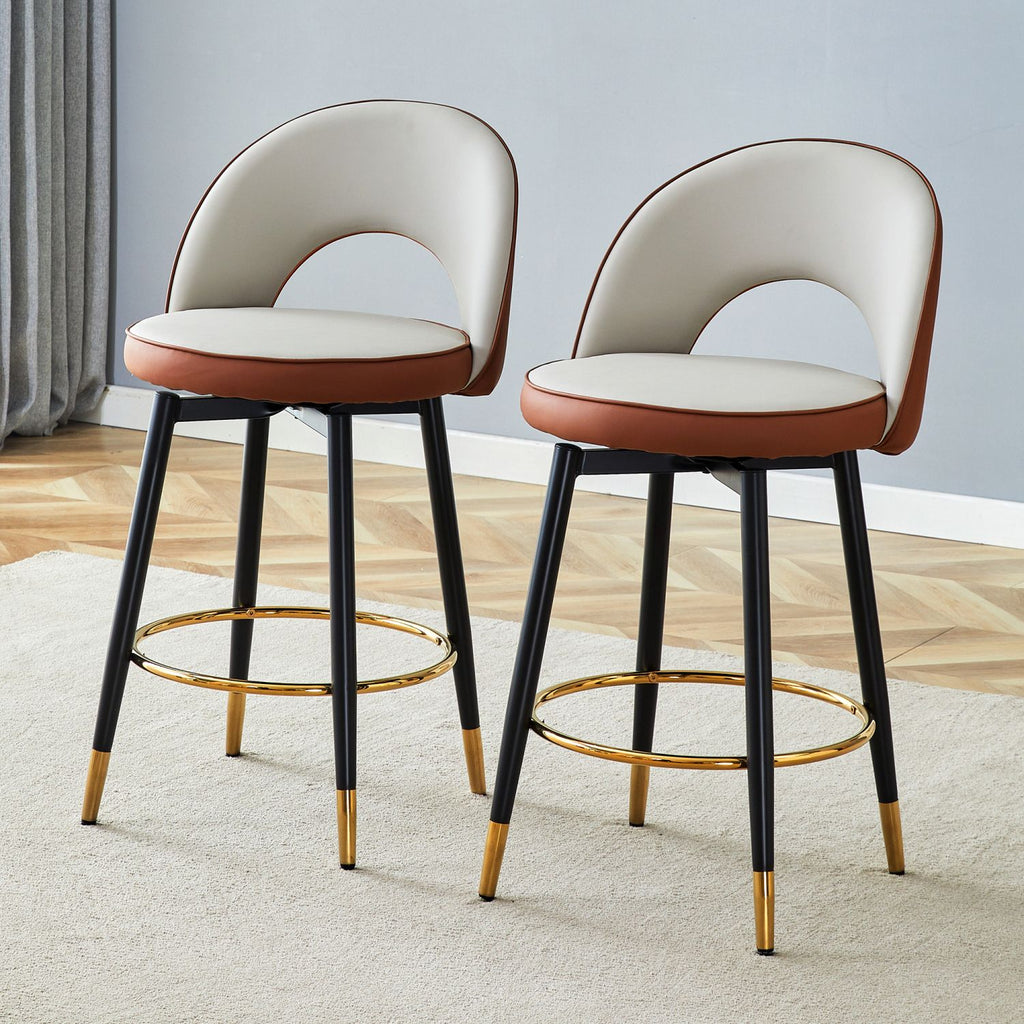360 ° rotatable bar chair.Modern Brown and Light Gray Spliced Color PU comfortable upholstered bar chair with smooth and beautiful black metal legs for dining room, kitchen, terrace.Set Of 2.