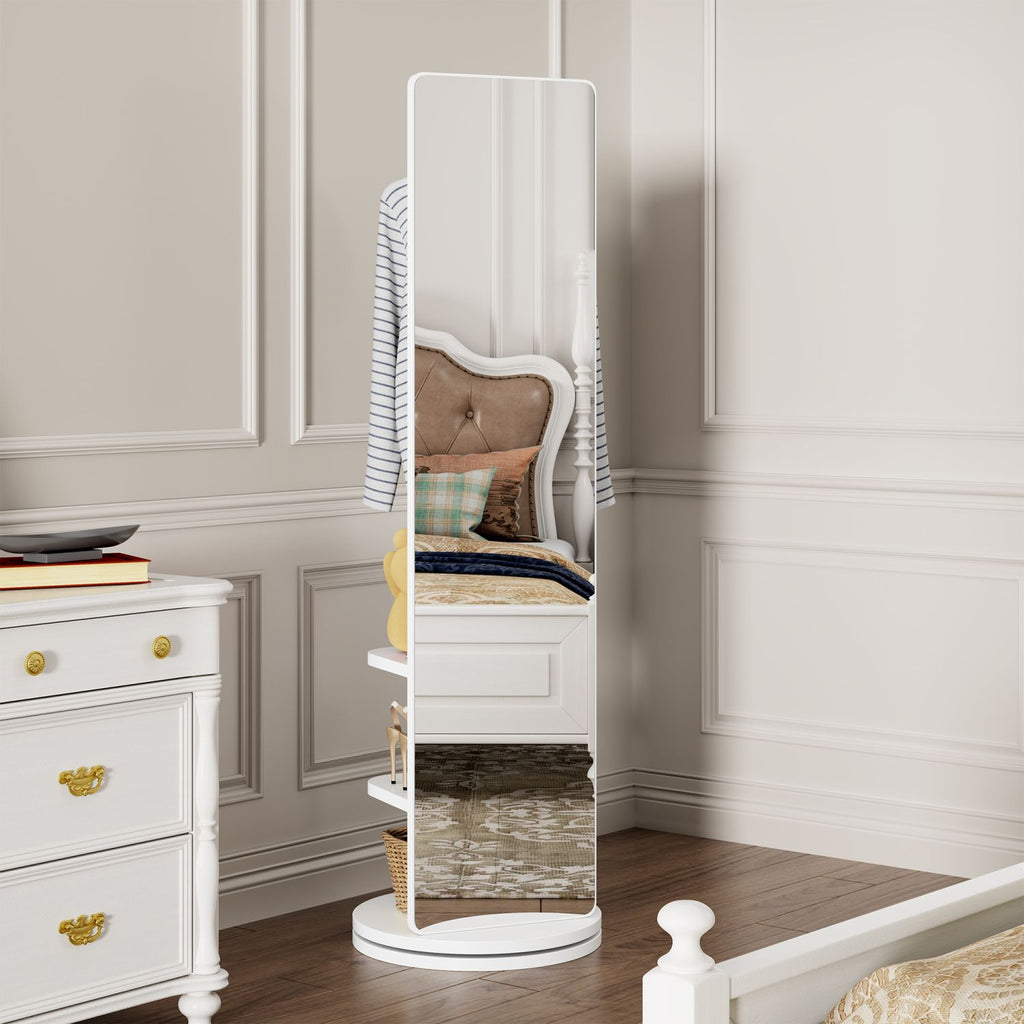 360° Rotating 66"x14" Multifunctional Full Length Mirror with Hook Storage Rack Coat Rack with Mirror Solid Wood Floor Mirror Bedroom Living Room Cloakroom Space Saving (wh