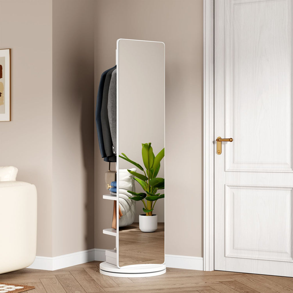 360° Rotating 69"x16" Multifunctional Full Length Mirror with Hook Storage Rack Coat Rack with Mirror Solid Wood Floor Mirror Bedroom Living Room Cloakroom Space Saving (white)