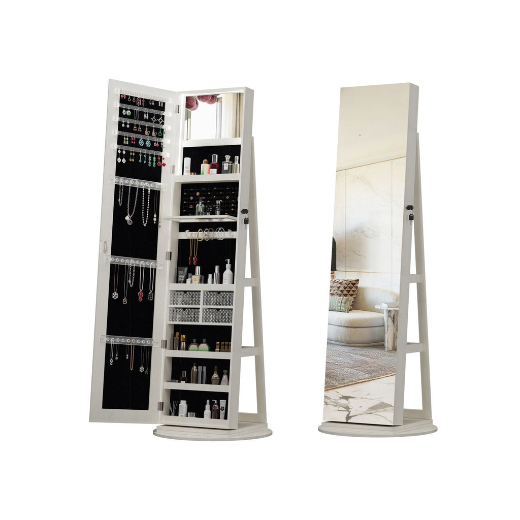 360°Swivel Jewelry Cabinet with Full Length Mirror, 360°Rotating Standing Jewelry Armoire Organizer, Lockable Storage Cabinet, Interior Lighted Mirror, White