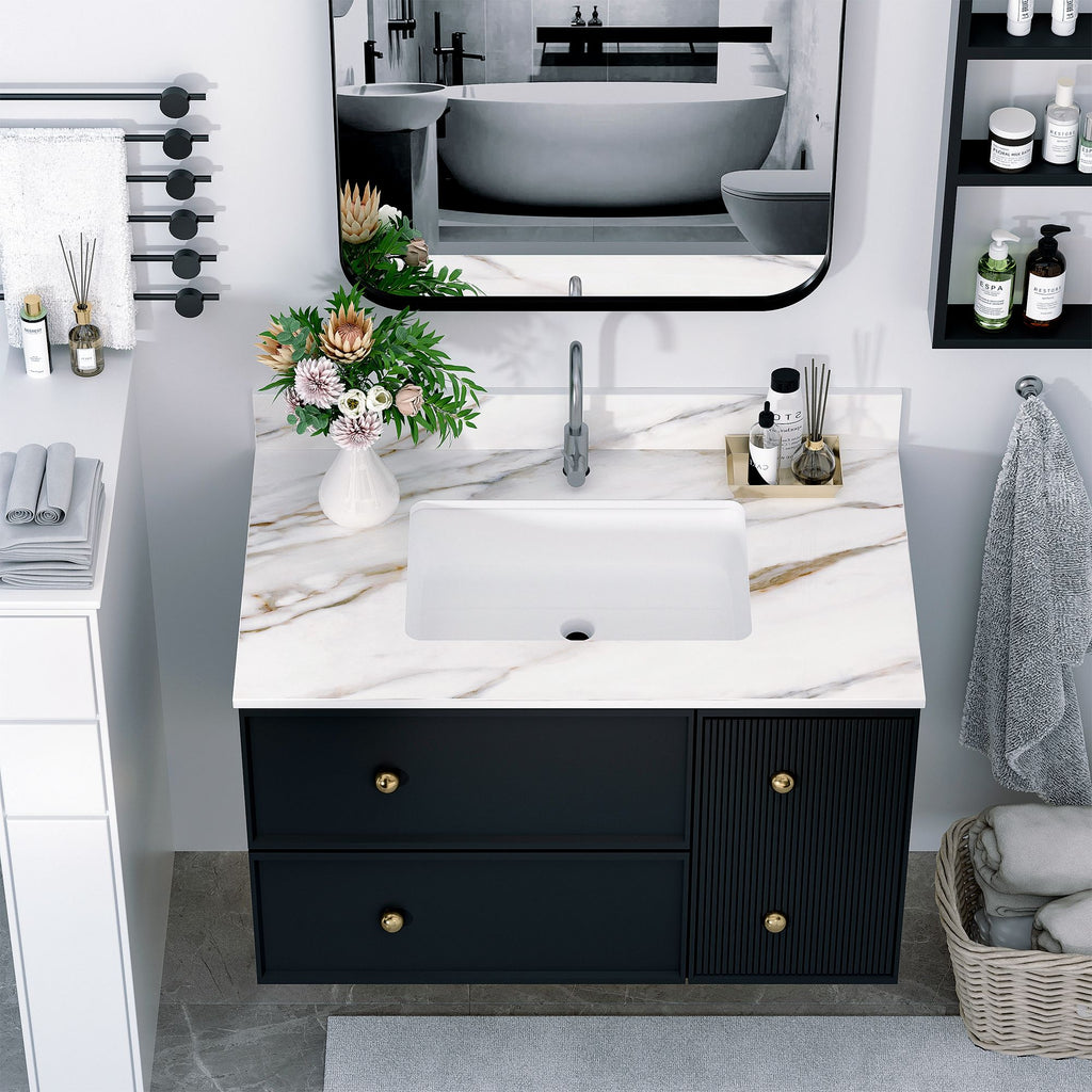 37 Inch Marble Vanity Top, Bathroom Vanity Top with Undermount Rectangular Middle Sink and 4" Height Backsplash, Pre-Drilled Faucet Hole Vanity Top, Carrara white with veins