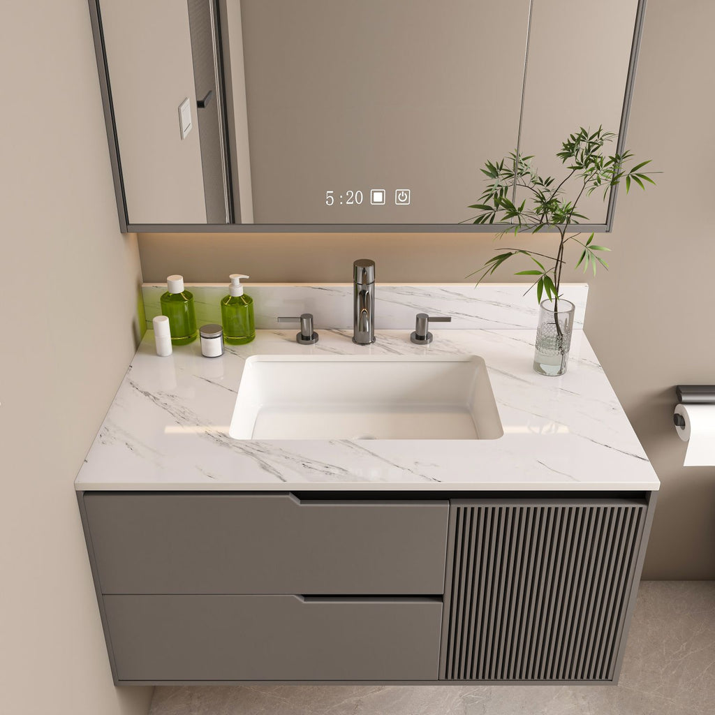 37 Inch Marble Vanity Top, White Vanity Top with 3 Pre-drilled Faucet Holes, Bathroom Vanity Top with Undermount Rectangular Middle Sink and 4" Height Backsplash, Bianco Carrara Venato