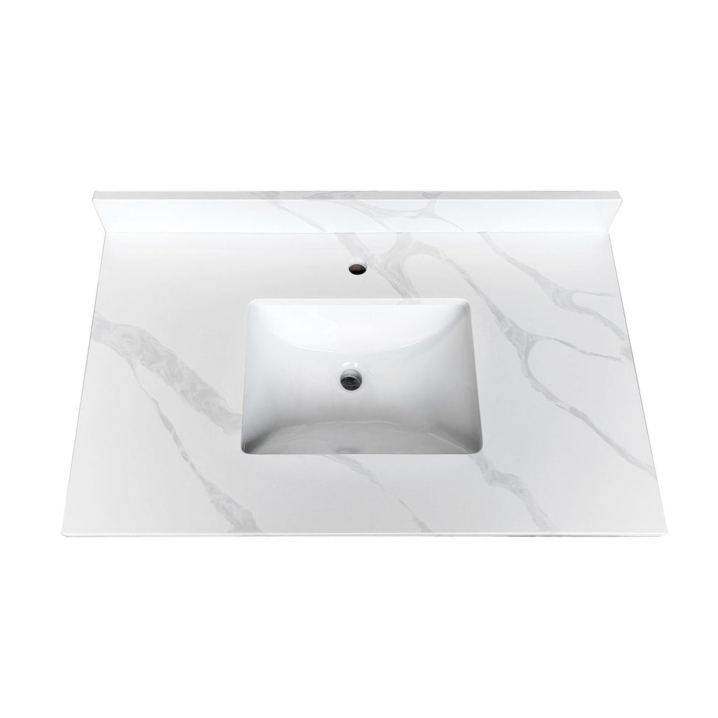 37-inch Quartz Bathroom Vanity Top, 3/4" Thick with Undermount Single Bowl Middle Sink, 4 Inch High Backsplash, 1 Pre-Drilled Faucet Hole, Stain & Heat Resistant, Carrara White Quartz with Veins