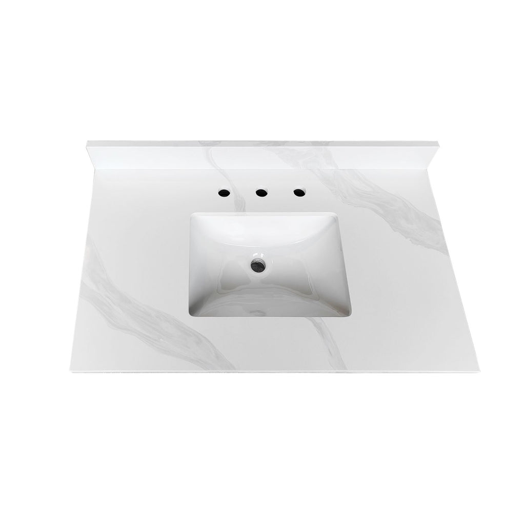37-inch Quartz Bathroom Vanity Top, 3/4" Thick with Undermount Single Bowl Middle Sink, 4 Inch High Backsplash, 3 Pre-Drilled Faucet Hole, Stain & Heat Resistant, Carrara White Quartz with Veins