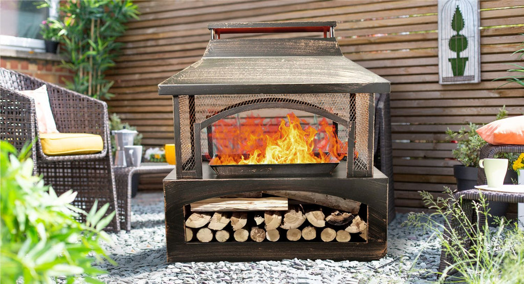 37-Inch Rectangular Metal Outdoor Wood Burning Fireplace - Outdoor Fireplace with Built-in Log Storage and Poker-Brushed Bronze,Log Burner Fire Pit for Patio Garden And Backyard
