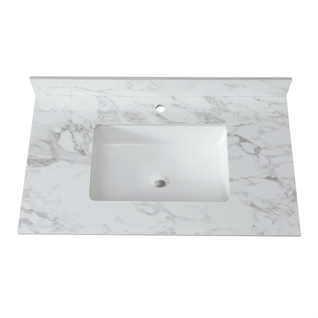 37"x22"Bathroom Vanity Top,sintered stone carra white Barthroom Vanity Sink Tops with Rectangular Undermount Ceramic Sink with Vanity Backsplash, Single Faucet Hole Bathroom Vanity Countertop