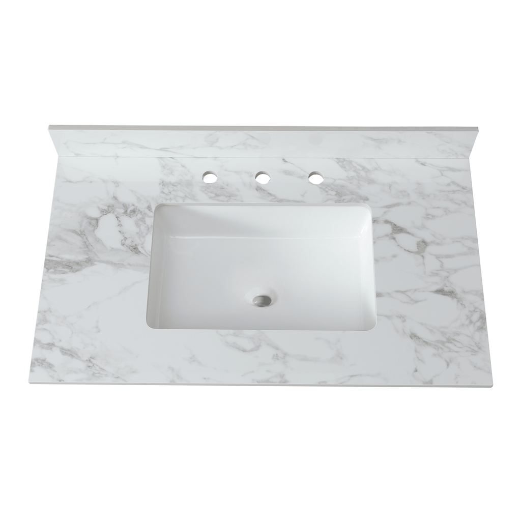 37"x22"Bathroom Vanity Top,sintered stone carra white Barthroom Vanity Sink Tops with Rectangular Undermount Ceramic Sink with Vanity Backsplash, Three Faucet Hole Bathroom Vanity Countertop