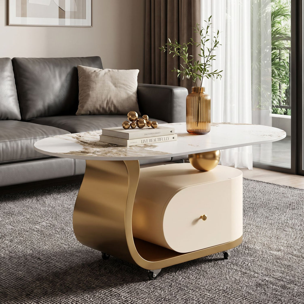 39.4" Sintered Stone Coffee Table with Drawer, Stainless Steel Base & 4 Lockable Casters, Modern Mobile Oval End Table for Living Room, Easy Assembly (Gold)