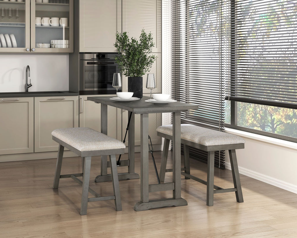3pc Counter Height Set Light Gray Finish Counter Height Table with 2x Bench Foam Cushioned Seats Kitchen Dining Breakfast Furniture