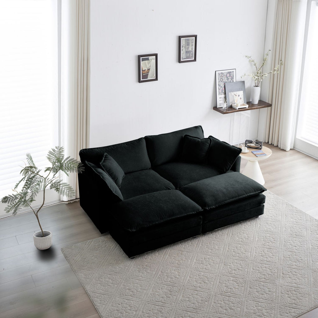 4 - Piece Upholstered Sectional Sofa, 1 - Piece of 2 Seater Sofa and 2- Piece of Ottomans , 2 Seater Loveseat Lounge with Ottomans , Black Chenille