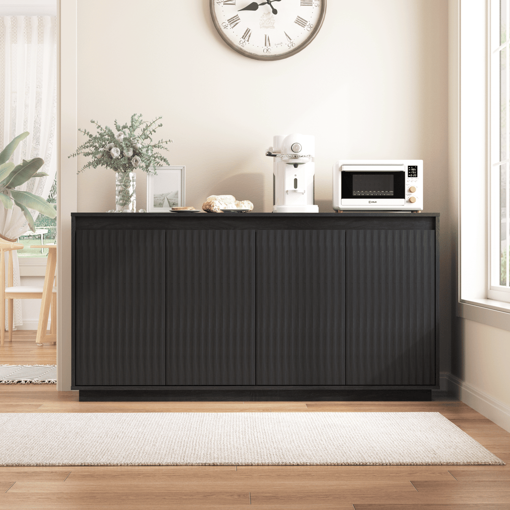 4 Door Black Wood Sideboard Buffet Cabinet with Power Outlet, Wavy Vertical Texture Accent Cabinet with No-Handle Design (Door Top Edge as Handle), Freestanding Kitchen Storage Cabinet for Dining Room