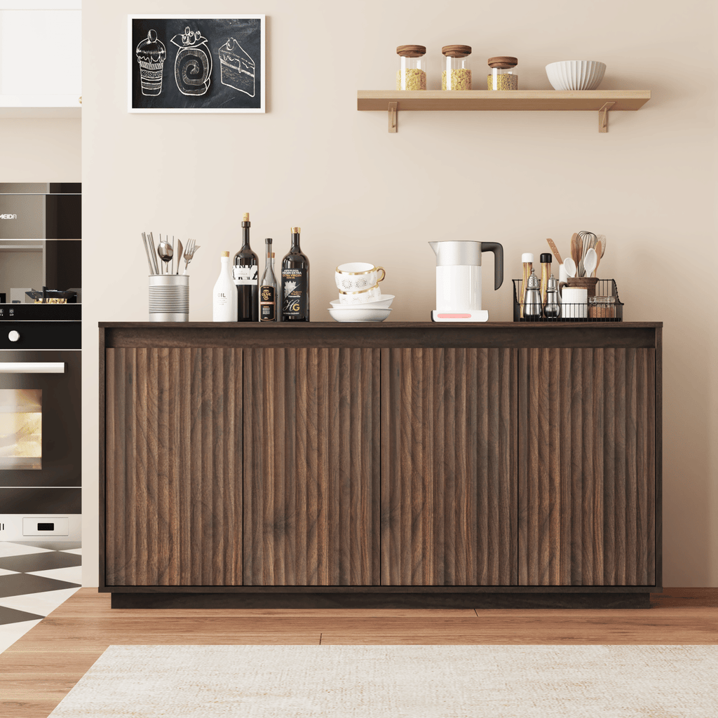 4 Door Walnut Wood Sideboard Buffet Cabinet with Power Outlet, Wavy Vertical Texture Accent Cabinet with No-Handle Design (Door Top Edge as Handle), Freestanding Kitchen Storage Cabinet for Dining Roo