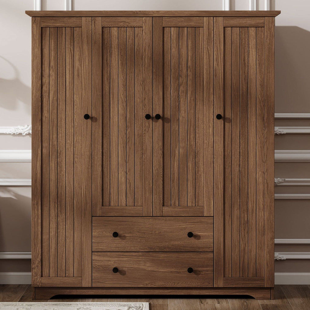 4 Door Wardrobe Armoire Closet with 2 Drawers, Brown