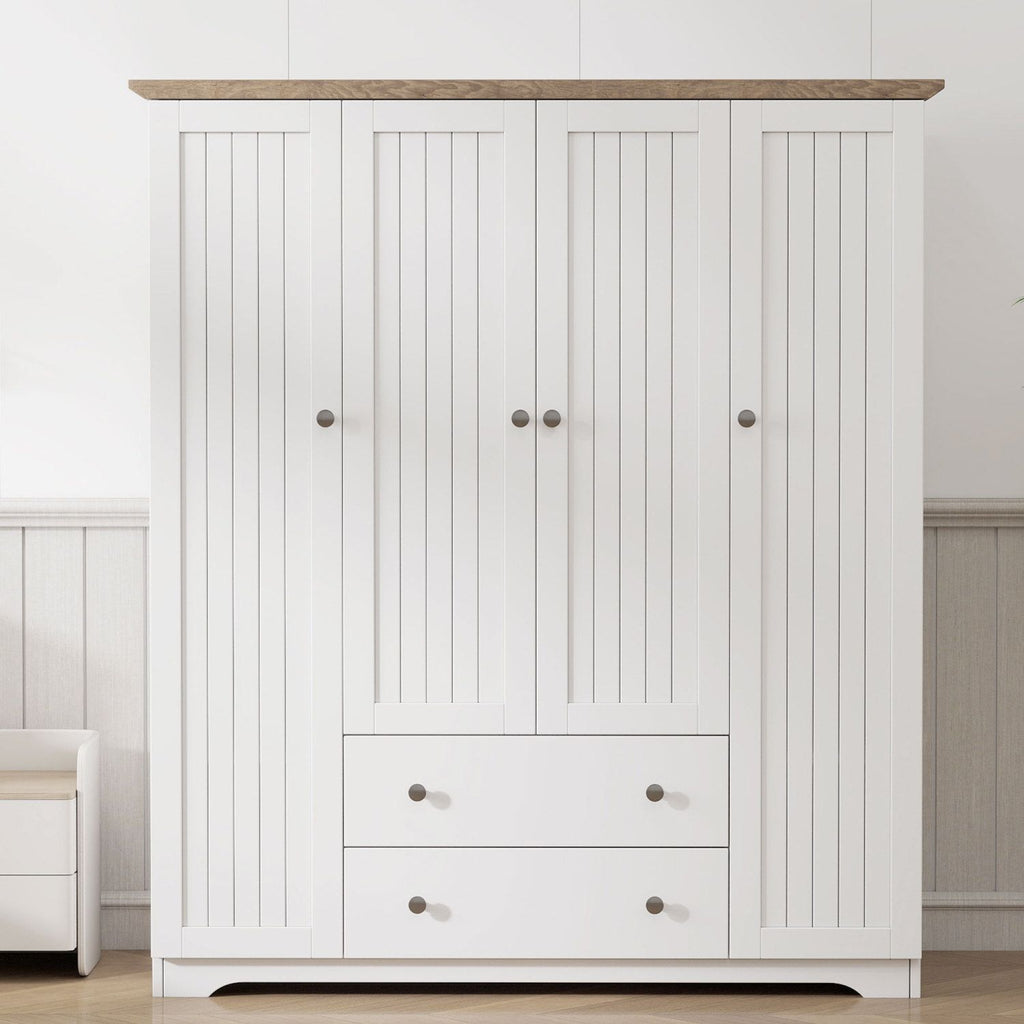4 Door Wardrobe Armoire Closet with 2 Drawers, White